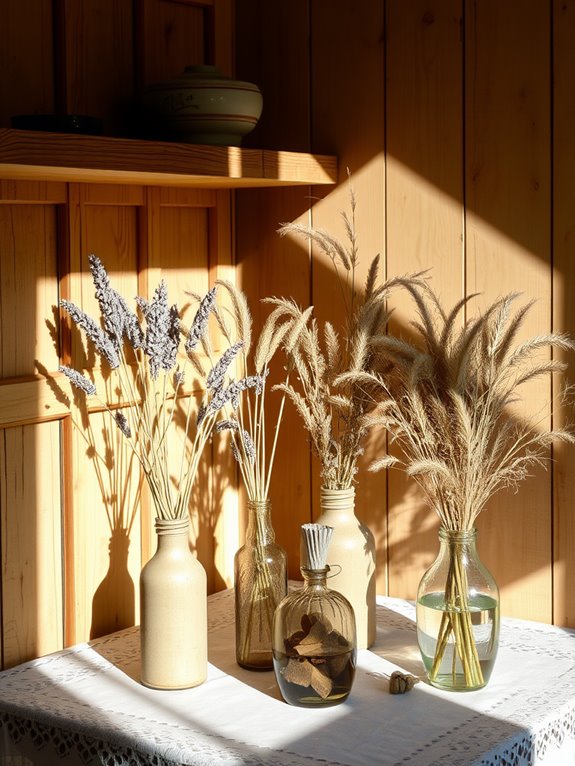 rustic vases with dried flowers