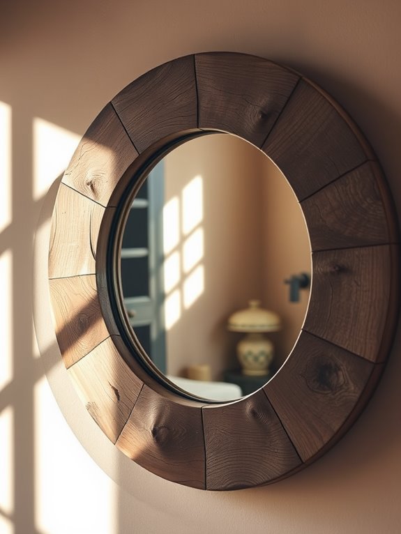 wooden framed round mirror